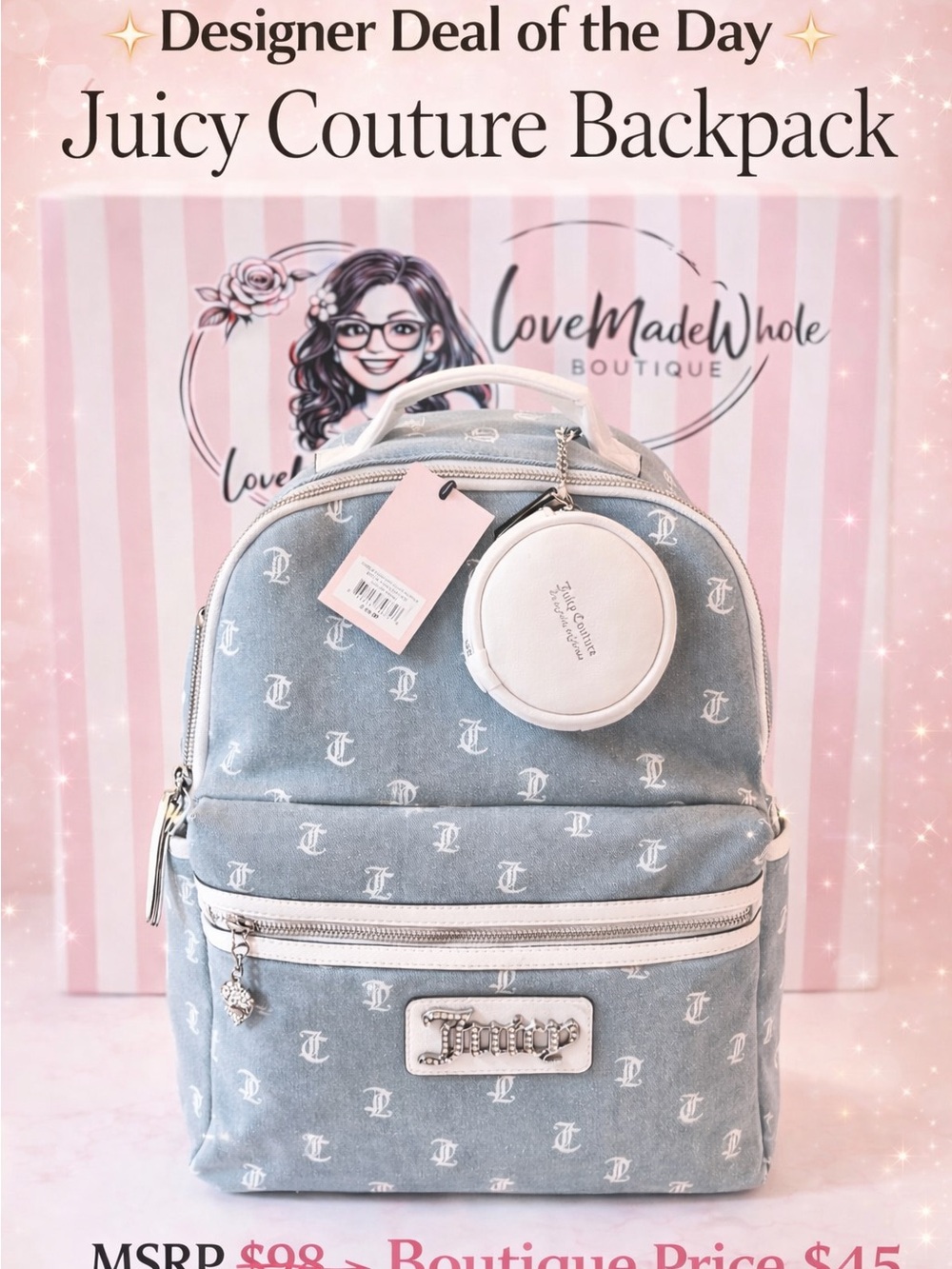 Juicy Couture light blue logo-print backpack with white trims